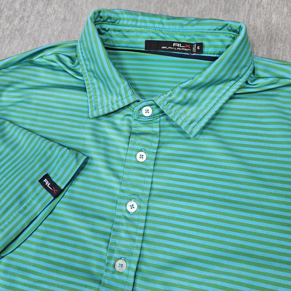 RLX Ralph Lauren Polo Mens XL Green Striped Golf Performance Short Sleeve